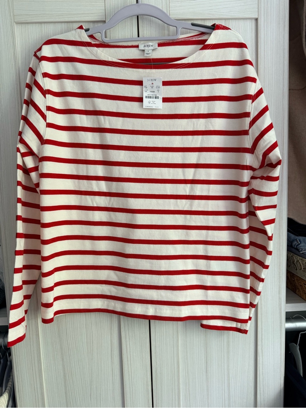 J. Crew Red & White Striped Long-Sleeve Boatneck Tee